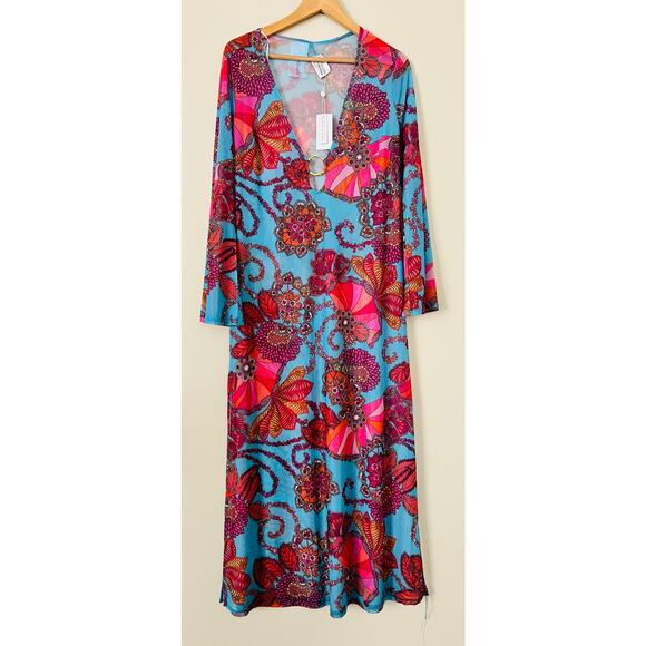 NWT Trina Turk Long-Sleeve V-Neck Mesh Maxi Dress Summer A-Line Swim Cover-Up M - Picture 3 of 5